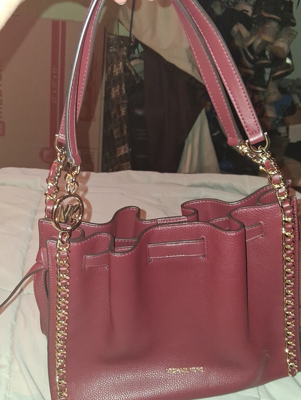 Michael Kors Burgundy Leather Shoulder Bag with Gold Chain Accents - Picture 9 of 9